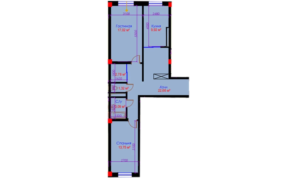 2-xonali xonadon 70.77 m²  10/10 qavat | Ko'kcha-Oqtepa Turar-joy majmuasi
