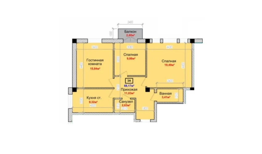 3-комнатная квартира 68.17 м²  4/6 этаж | Жилой комплекс Taqachi