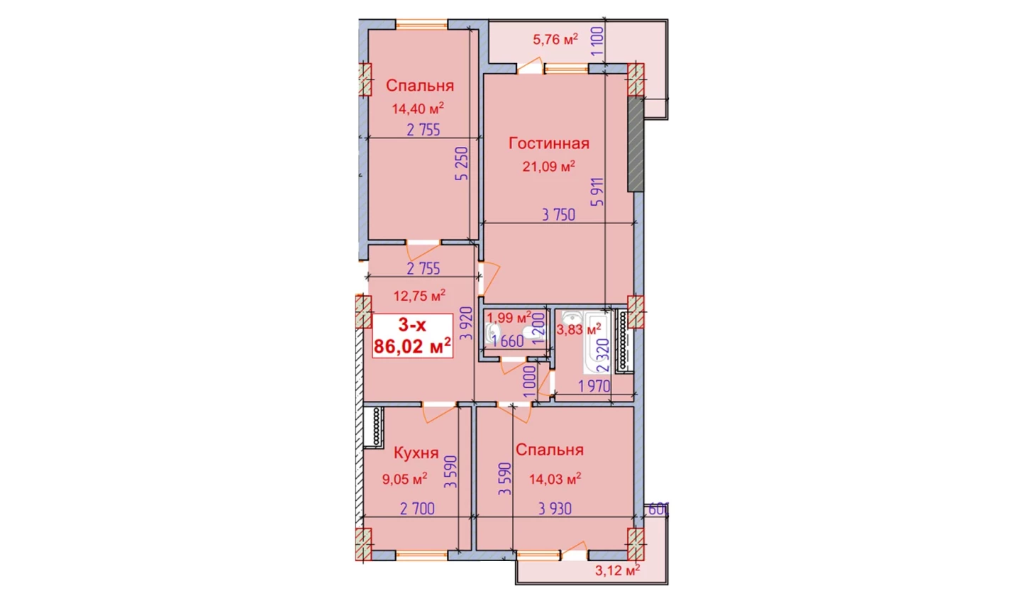 3-комн. квартира 86.02 м²  8/9 этаж | Жилой комплекс SHAYX-UL OLAM