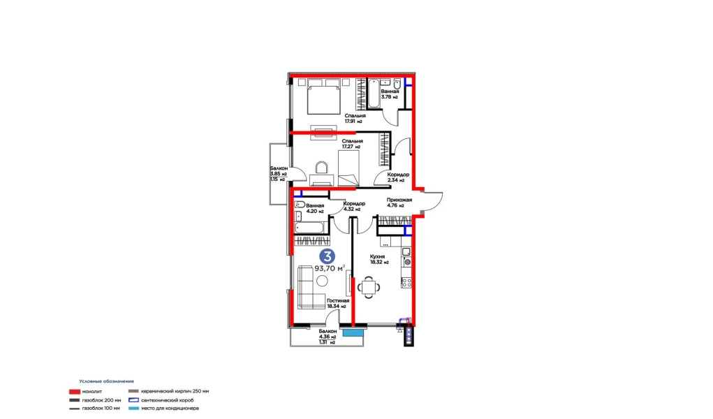 3-xonali xonadon 93.7 m²  13/16 qavat | BI SAN'AT Turar-joy majmuasi