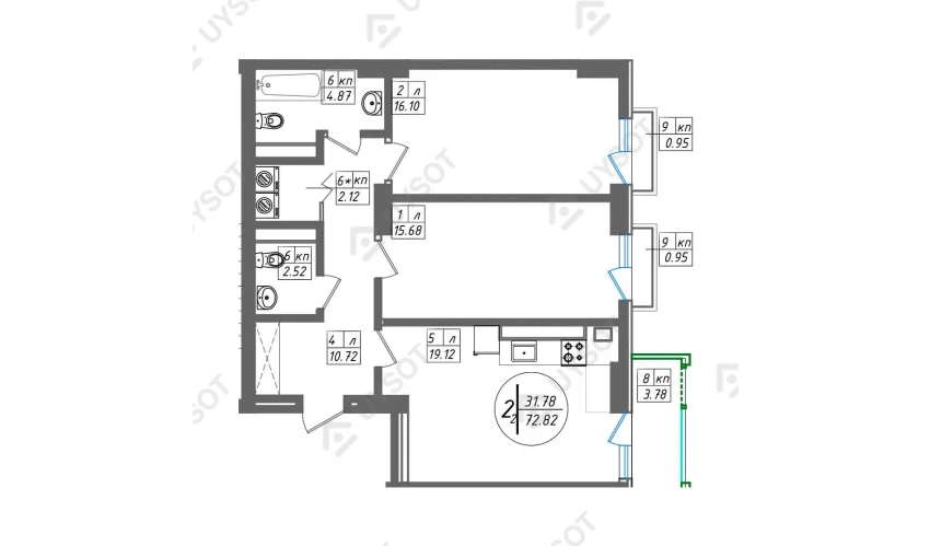 2-комнатная квартира 72.82 м²  2/12 этаж | Жилой комплекс SUN