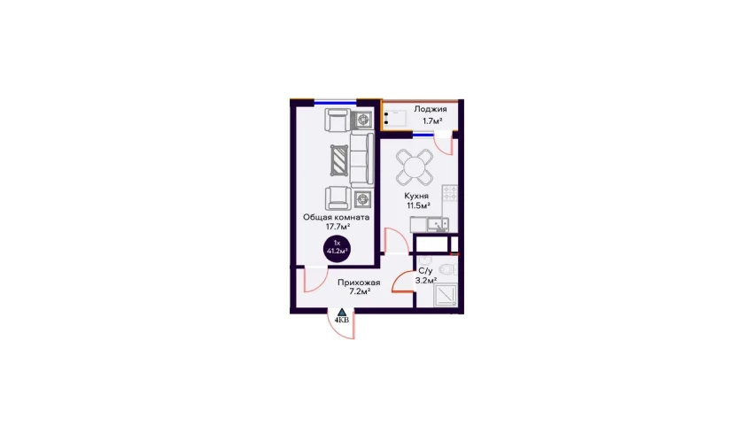 1-xonali xonadon 41.2 m²  14/16 qavat | Crystal Avenue Turar-joy majmuasi
