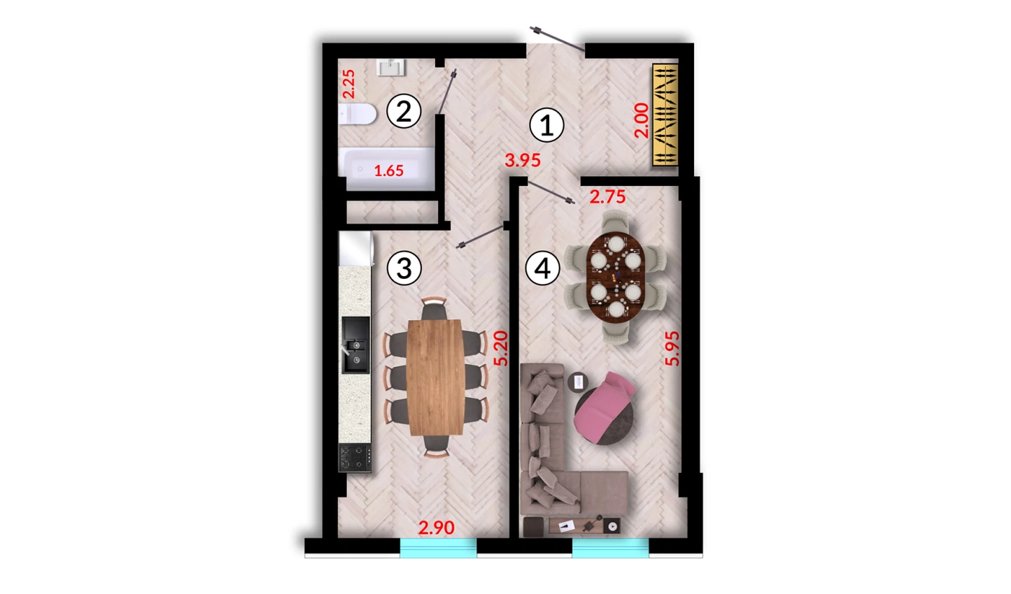 1-xonali xonadon 44.68 m²  4/10 qavat | Ko'kcha-Oqtepa Turar-joy majmuasi