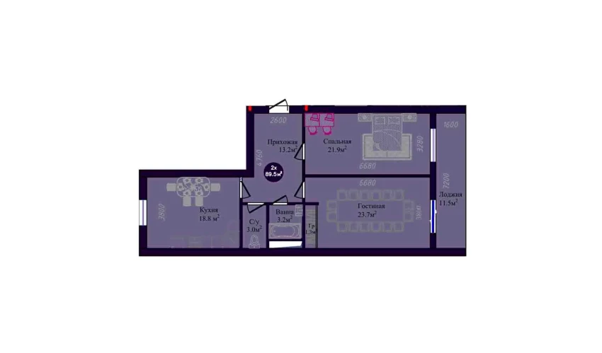 2-xonali xonadon 89.5 m²  6/9 qavat | Navruz Avenue Turar-joy majmuasi