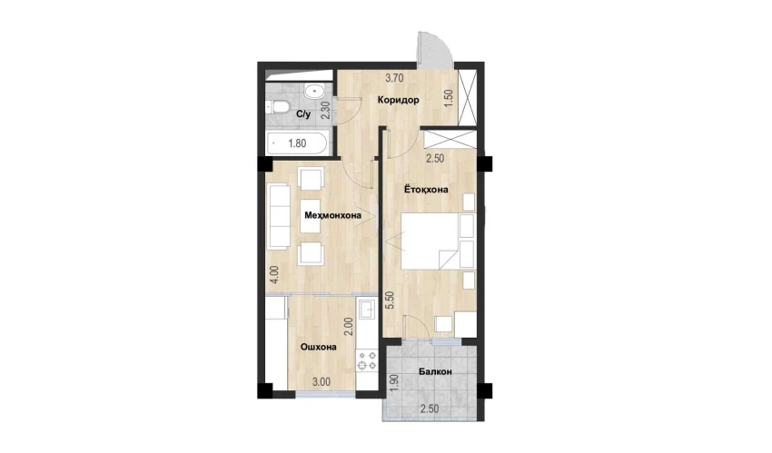 2-комнатная квартира 46.99 м²  3/7 этаж | Жилой комплекс Bochka Resort