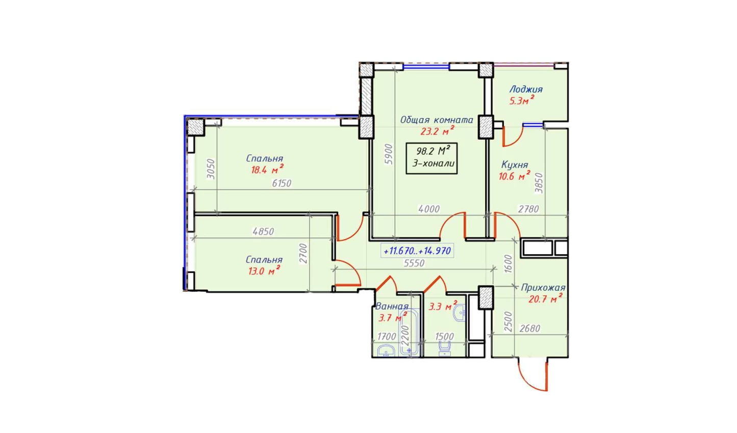 3-xonali xonadon 98.2 m²  12/16 qavat | Sam House (Qora Suv) Turar-joy majmuasi