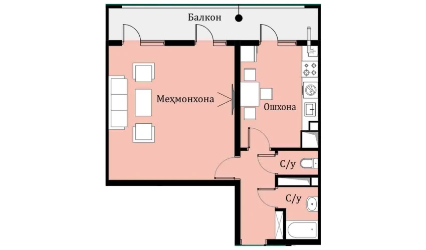 1-xonali xonadon 46.35 m²  5/16 qavat | SOKIN DIYOR Turar-joy majmuasi