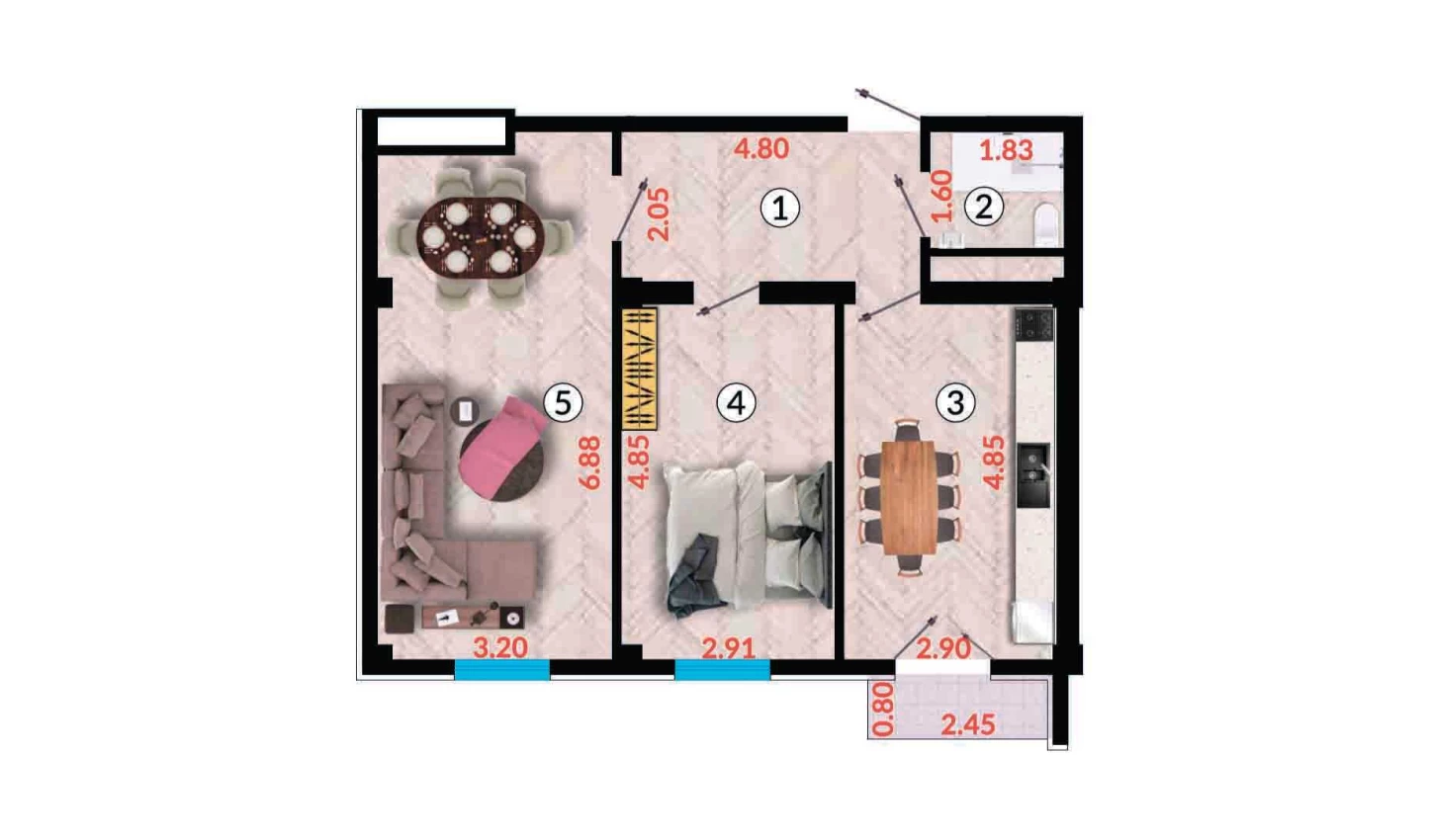 2-xonali xonadon 58.74 m²  10/10 qavat | Ko'kcha-Oqtepa Turar-joy majmuasi