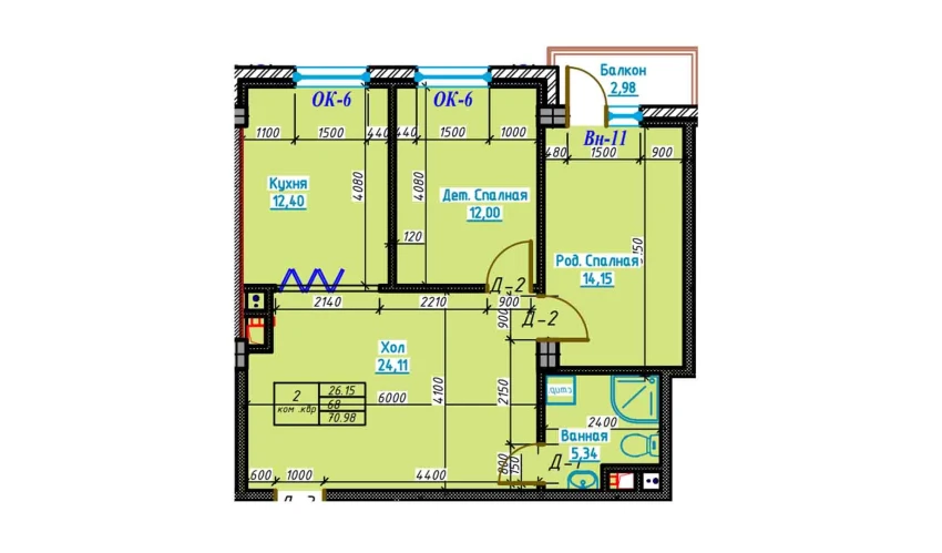 2-комнатная квартира 70.9 м²  7/13 этаж | Жилой комплекс Bog'dod City