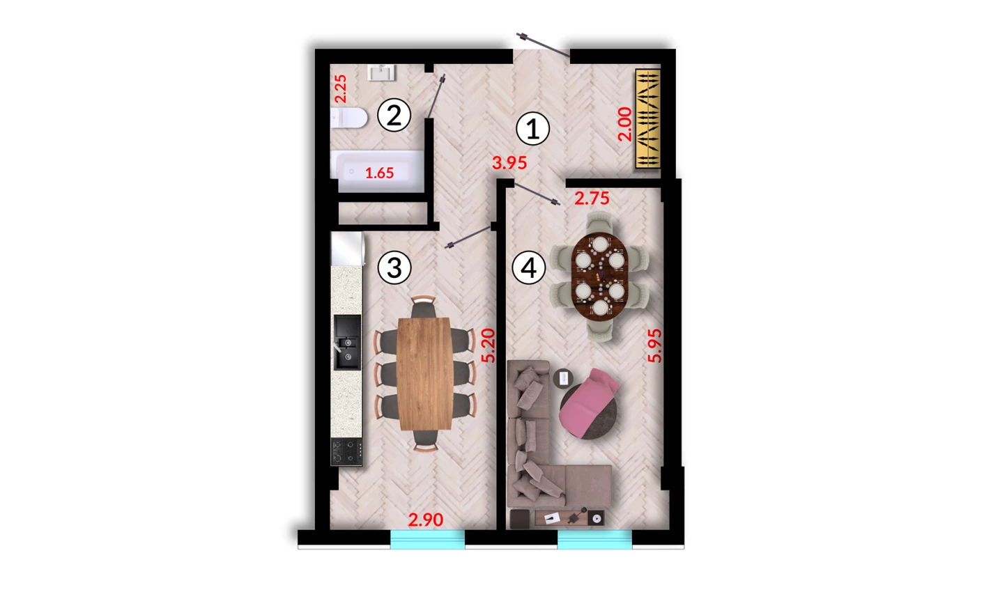 1-xonali xonadon 44.68 m²  10/10 qavat | Ko'kcha-Oqtepa Turar-joy majmuasi