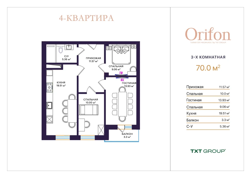 3-комн. квартира 70 м²  9/10 этаж | Жилой комплекс ORIFON