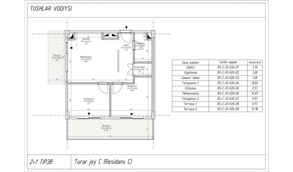 3-xonali xonadon 54.04 m²  1/7 qavat | TUSHLAR VODIYSI Turar-joy majmuasi