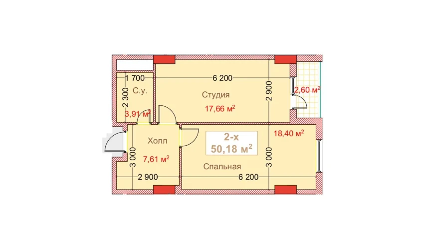 2-xonali xonadon 50.18 m²  3/8 qavat | CAPITAL AVENUE Turar-joy majmuasi