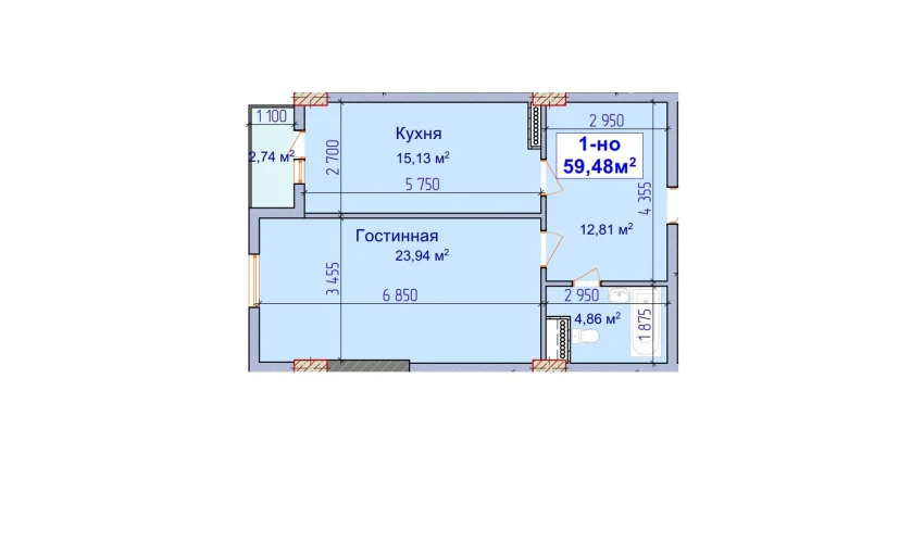 1-xonali xonadon 59.48 m²  7/9 qavat | SHAYX-UL OLAM Turar-joy majmuasi