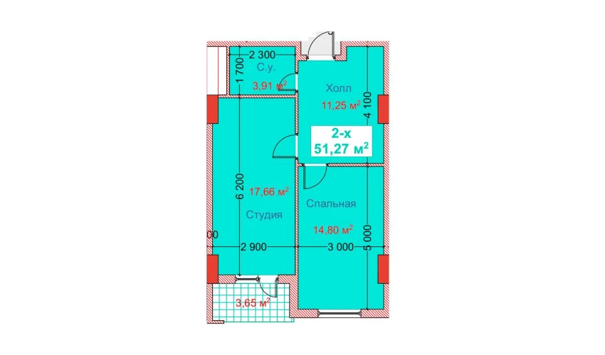 2-комнатная квартира 51.27 м²  5/8 этаж | Жилой комплекс CAPITAL AVENUE