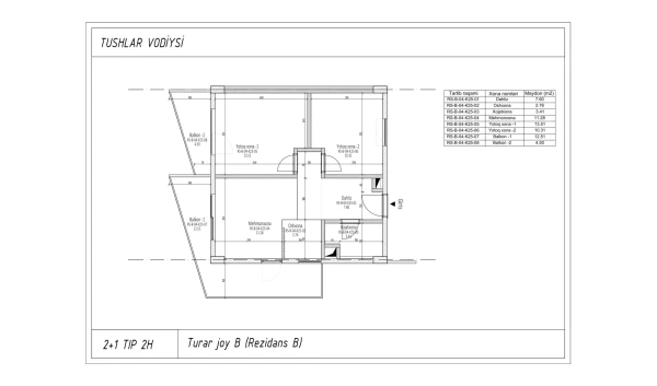 3-комнатная квартира 53.97 м²  5/6 этаж | Жилой комплекс TUSHLAR VODIYSI