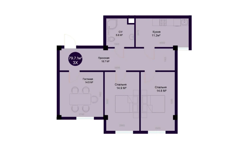 3-xonali xonadon 79.71 m²  1/7 qavat | Minor Turar-joy majmuasi