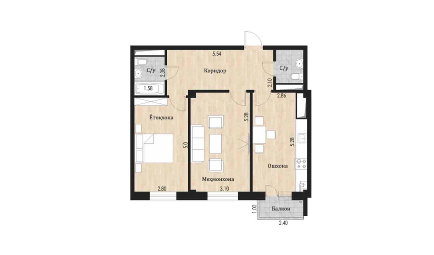 2-комн. квартира 67.15 м²  4/10 этаж | Жилой комплекс Ko'kcha-Oqtepa