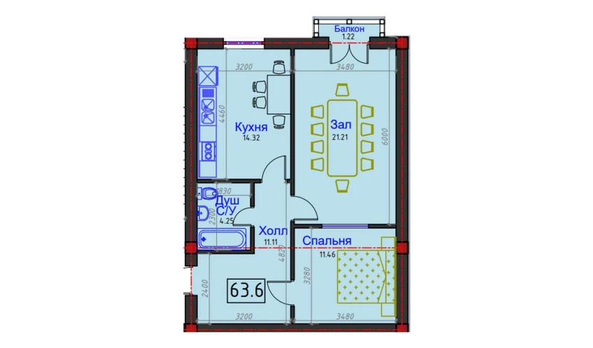 2-xonali xonadon 63.6 m²  2/7 qavat | AFROSIYOB Turar-joy majmuasi