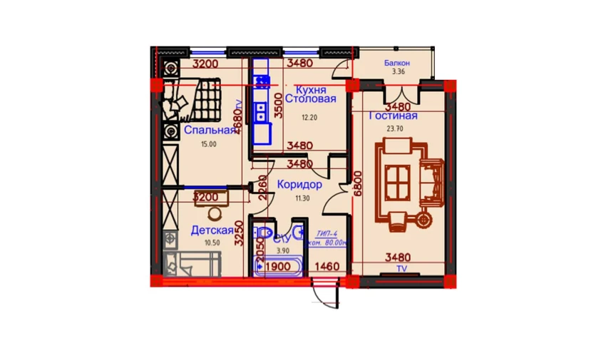 3-комнатная квартира 80 м²  10/10 этаж | Жилой комплекс AFROSIYOB