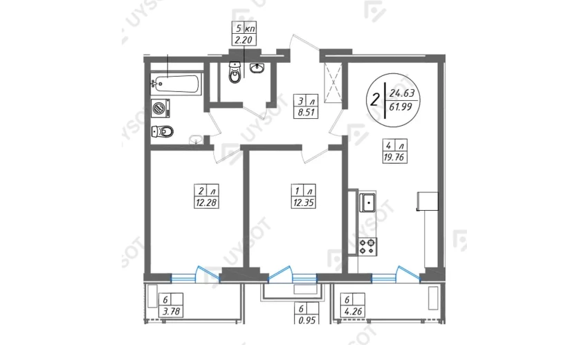 2-xonali xonadon 61.99 m²  2/11 qavat | SUN Turar-joy majmuasi