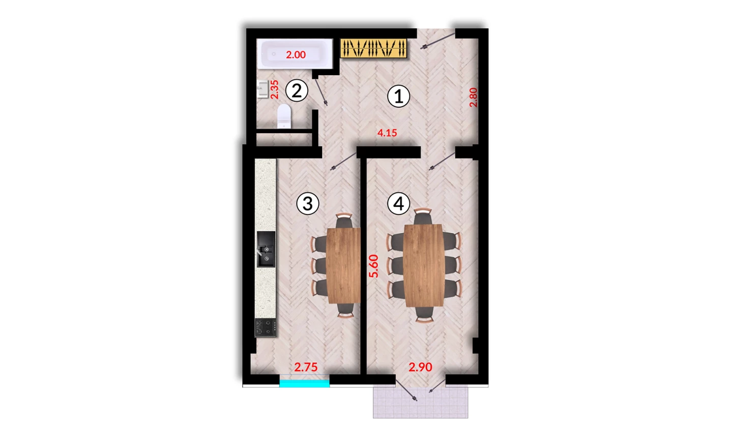 1-xonali xonadon 49.1 m²  9/10 qavat | Ko'kcha-Oqtepa Turar-joy majmuasi