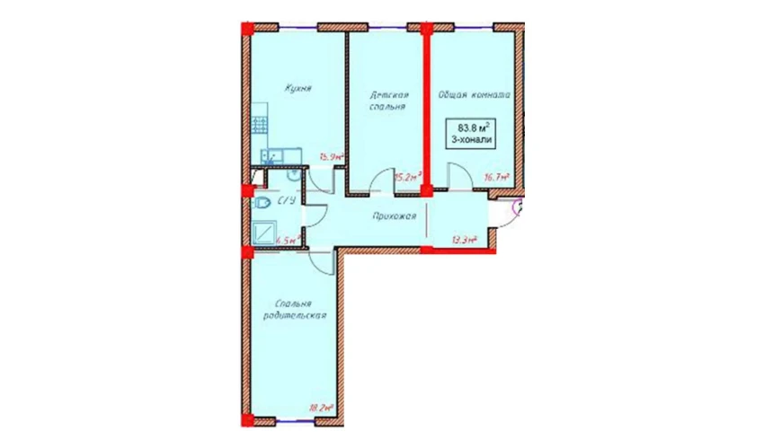 3-xonali xonadon 83.8 m²  1/9 qavat | Orzular Turar-joy majmuasi