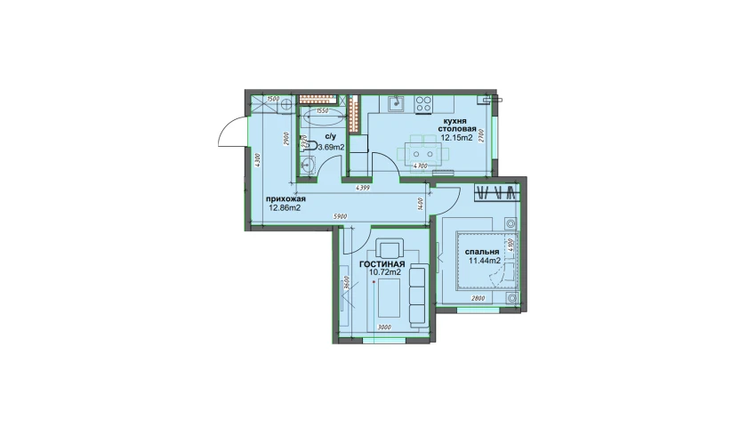 2-комнатная квартира 50.86 м²  1/16 этаж | Жилой комплекс BASHKENT