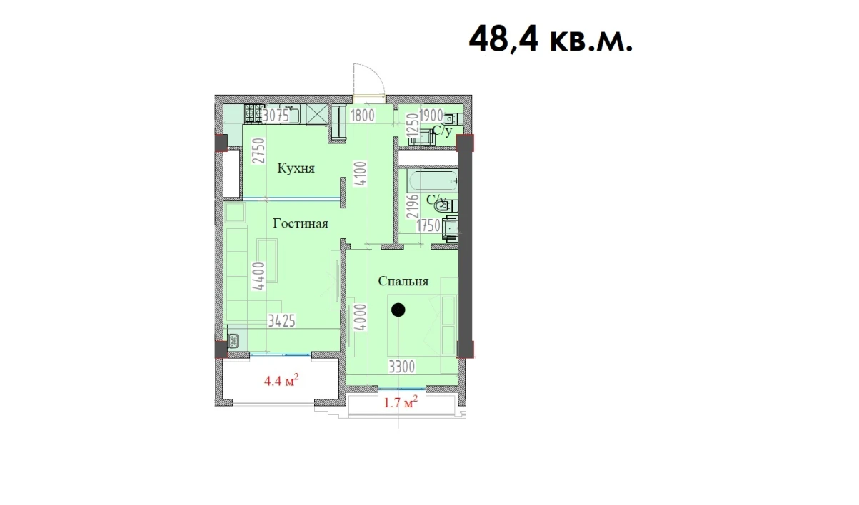 2-xonali xonadon 48.4 m²  15/16 qavat | MAVERA TOWN Turar-joy majmuasi