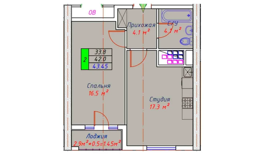 2-комнатная квартира 43.45 м²  18/30 этаж | Жилой комплекс ECO TOWER