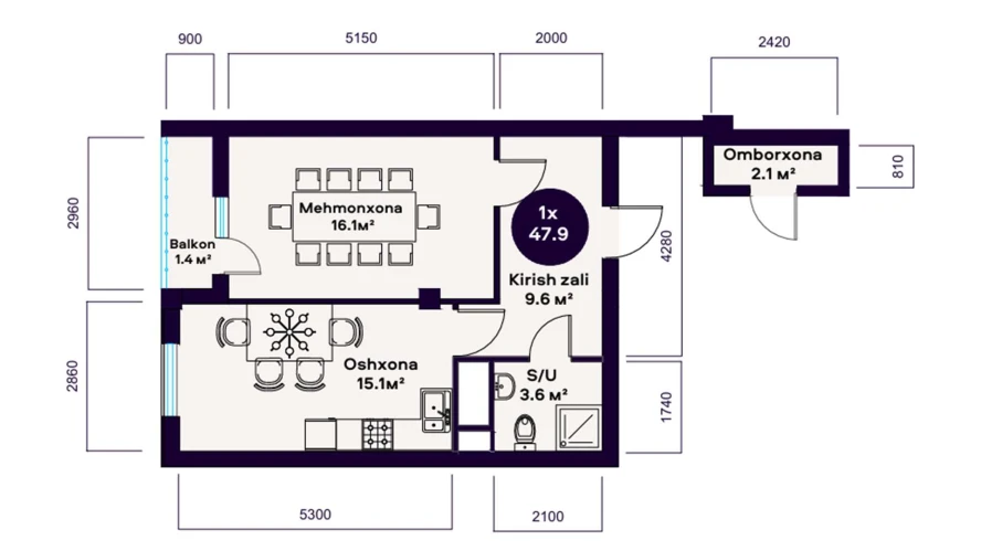 1-комн. квартира 47.9 м²  4/12 этаж | Жилой комплекс TUMOR