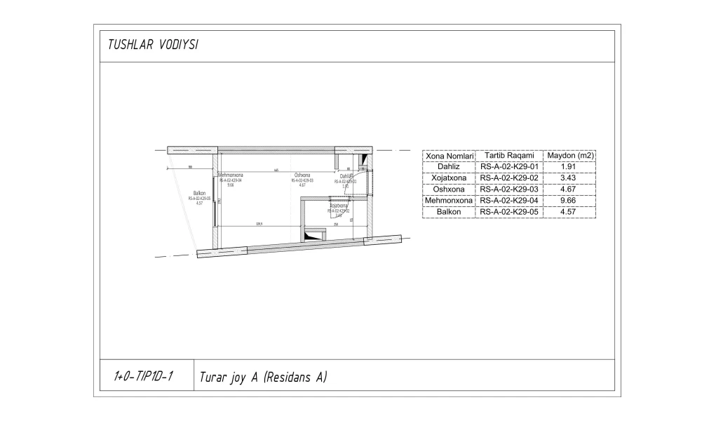 1-xonali xonadon 21.04 m²  3/7 qavat | TUSHLAR VODIYSI Turar-joy majmuasi