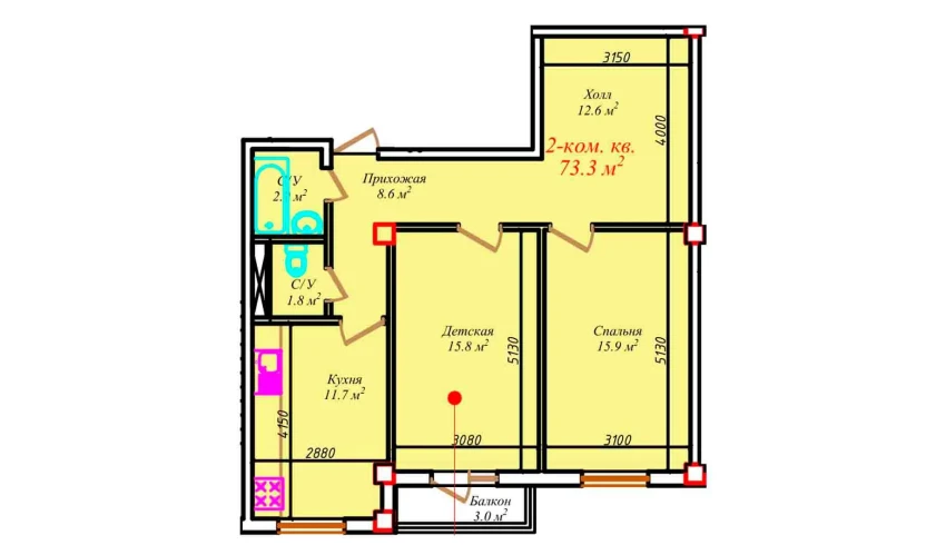 2-xonali xonadon 73.3 m²  3/7 qavat | CHIRCHIQ CITY Turar-joy majmuasi