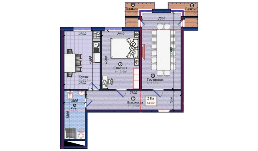 2-xonali xonadon 64.9 m²  10/10 qavat | NURAFSHON Turar-joy majmuasi