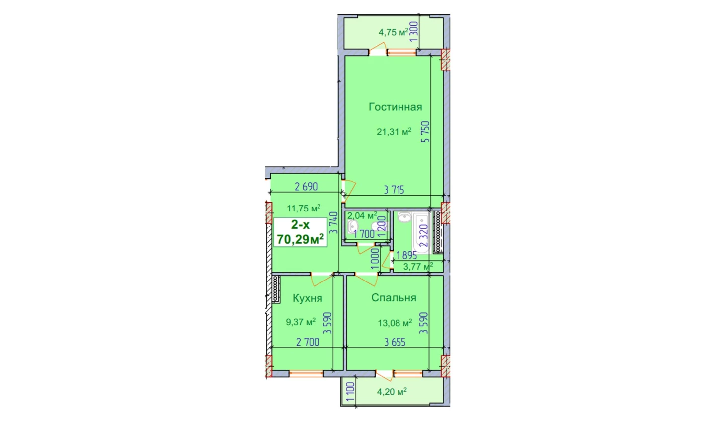 2-комн. квартира 70.29 м²  3/9 этаж | Жилой комплекс SHAYX-UL OLAM