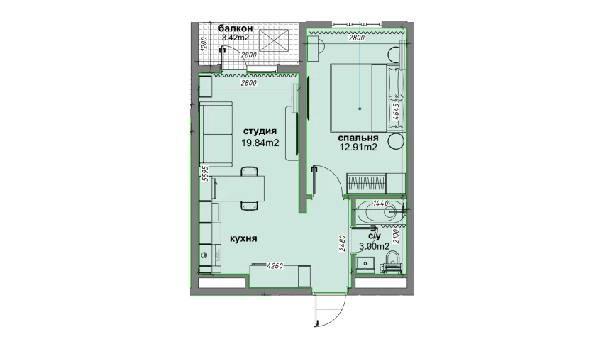 1-комнатная квартира 37.46 м²  5/16 этаж | Жилой комплекс BASHKENT