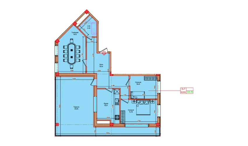 3-xonali xonadon 129.76 m²  8/8 qavat | Markaz Turar-joy majmuasi