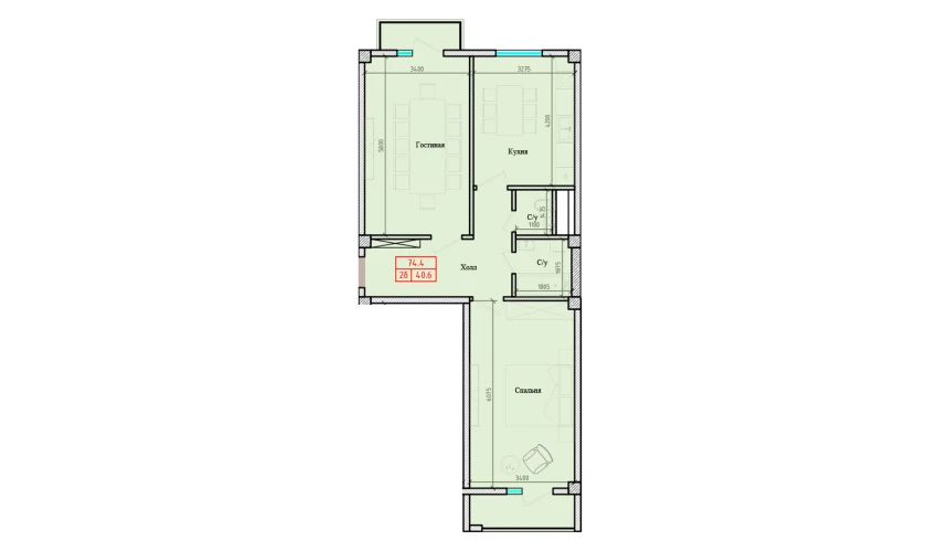 2-комнатная квартира 74.4 м²  3/7 этаж | Жилой комплекс Gulbadanbegim