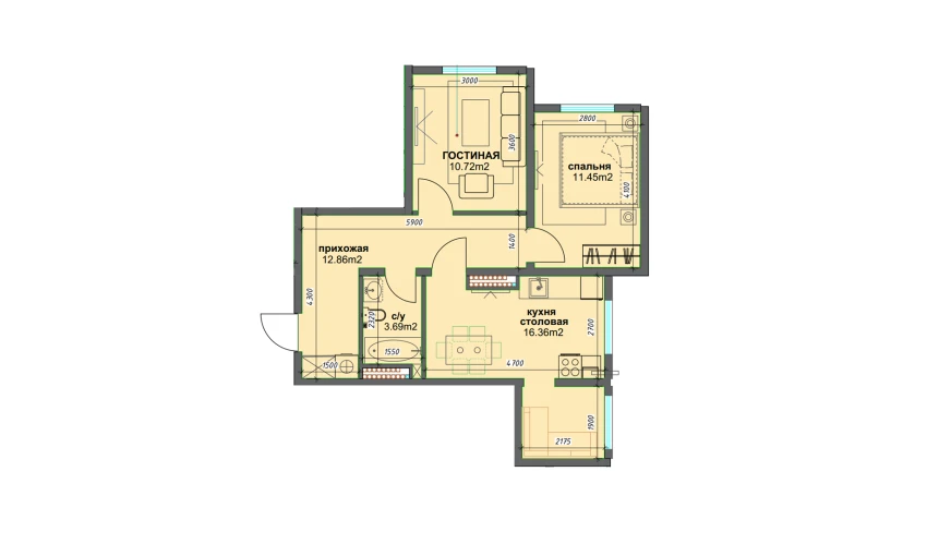 2-xonali xonadon 55.08 m²  1/16 qavat | BASHKENT Turar-joy majmuasi
