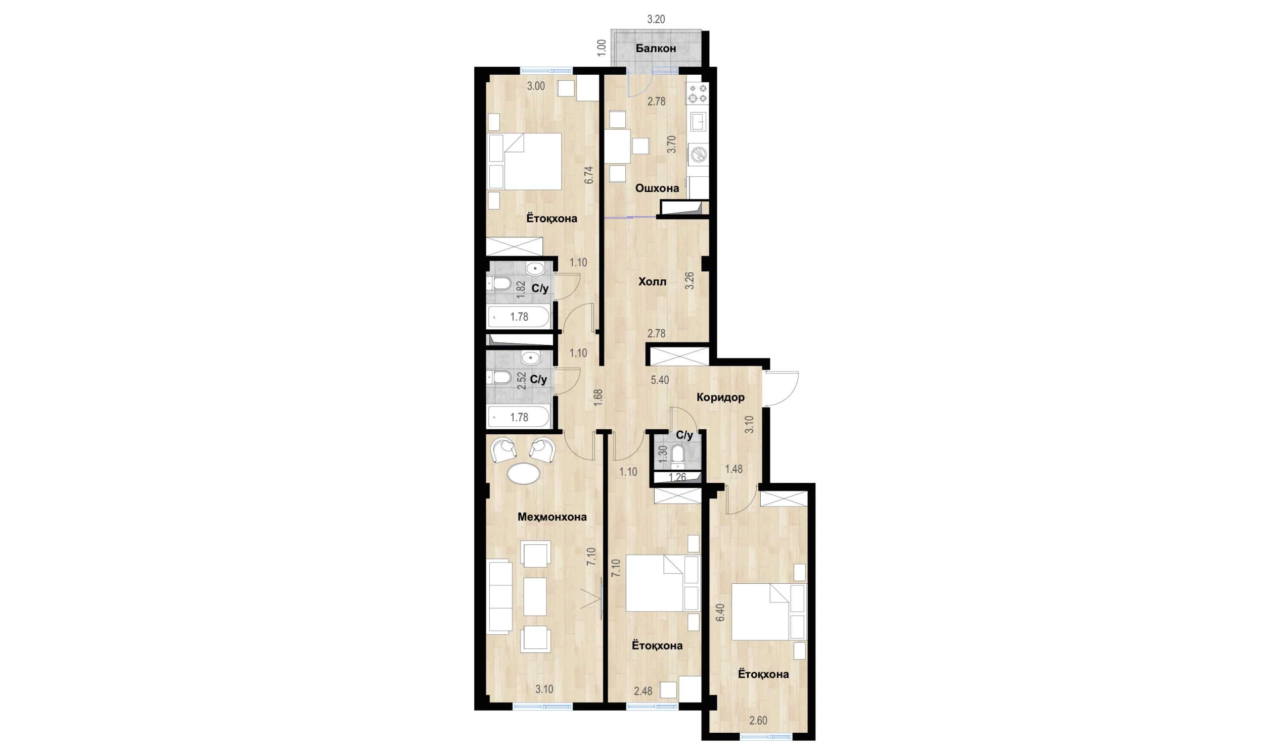 4-xonali xonadon 116.03 m²  3/10 qavat | Ko'kcha-Oqtepa Turar-joy majmuasi