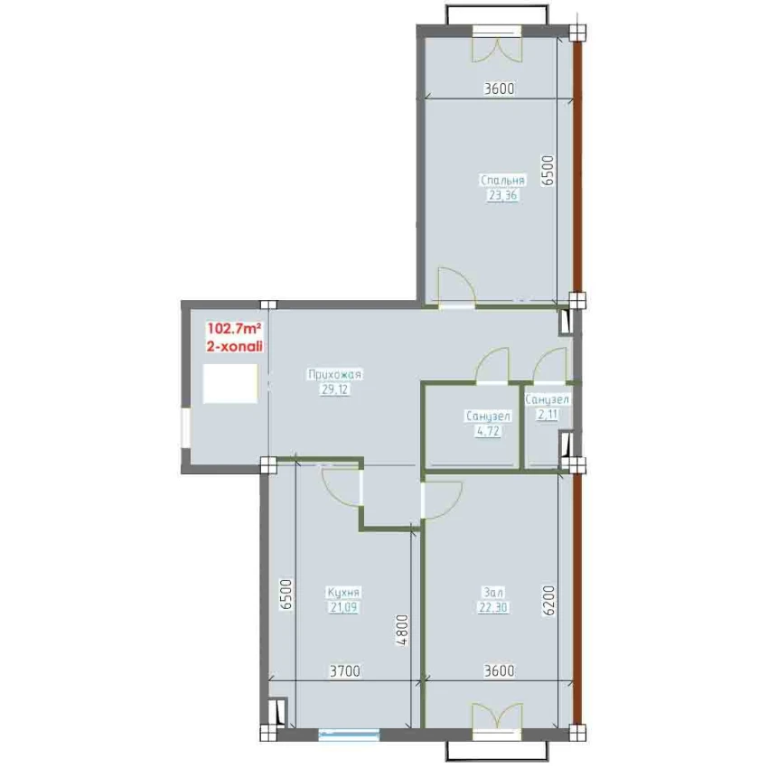 2-xonali xonadon 102.7 m²  6/9 qavat | YANGI AVLOD Turar-joy majmuasi