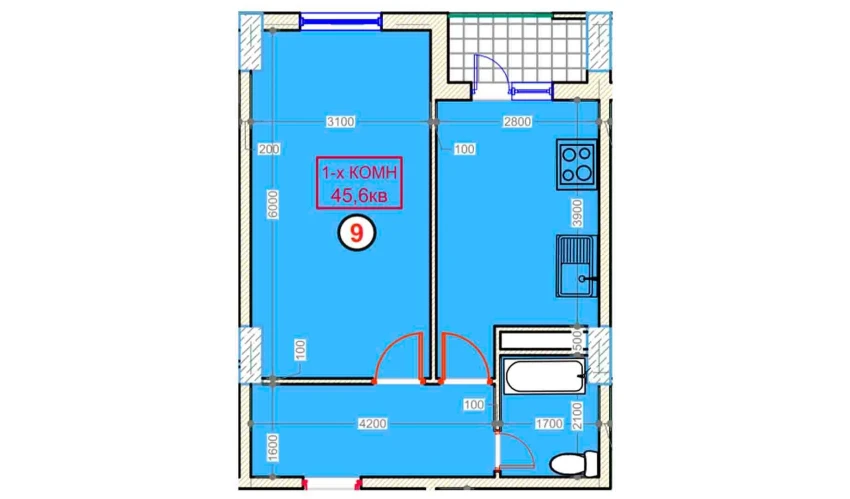 1-xonali xonadon 45.6 m²  6/9 qavat | XUMO Turar-joy majmuasi