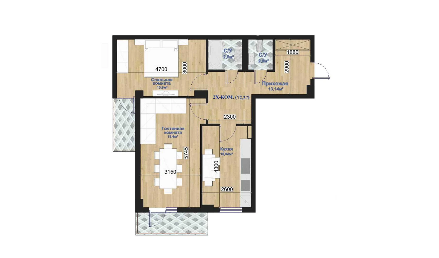 2-xonali xonadon 72.27 m²  4/7 qavat | O'ZBEGIM Turar-joy majmuasi