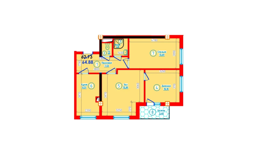 3-xonali xonadon 64.88 m²  11/12 qavat | S-Tower Turar-joy majmuasi