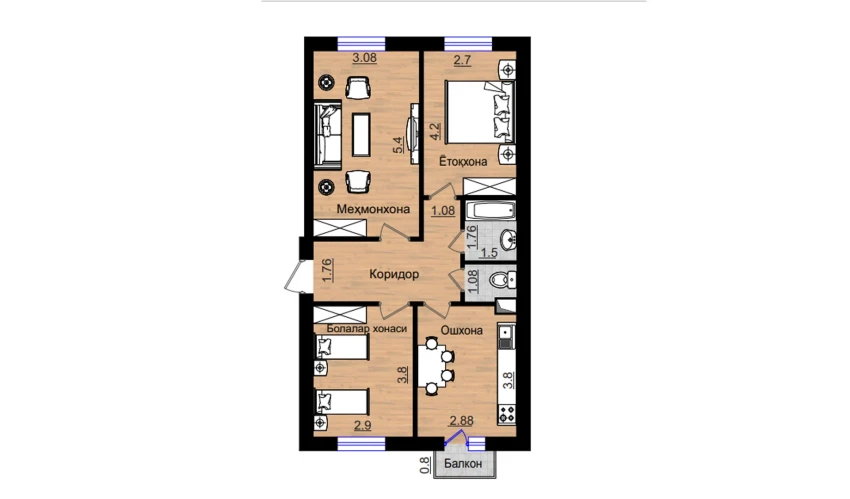 3-комнатная квартира 74.08 м²  3/5 этаж | Жилой комплекс QIZILTEPA