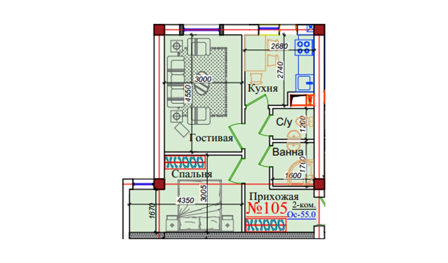 2-комн. квартира 55 м²  5/9 этаж | Жилой комплекс ZAR ZAMONAVIY UYLAR
