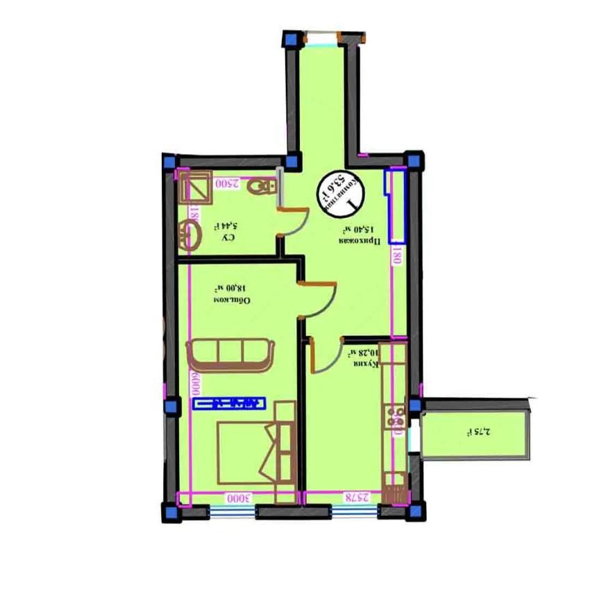 1-xonali xonadon 53.6 m²  5/11 qavat | ANHOR AVENUE Turar-joy majmuasi