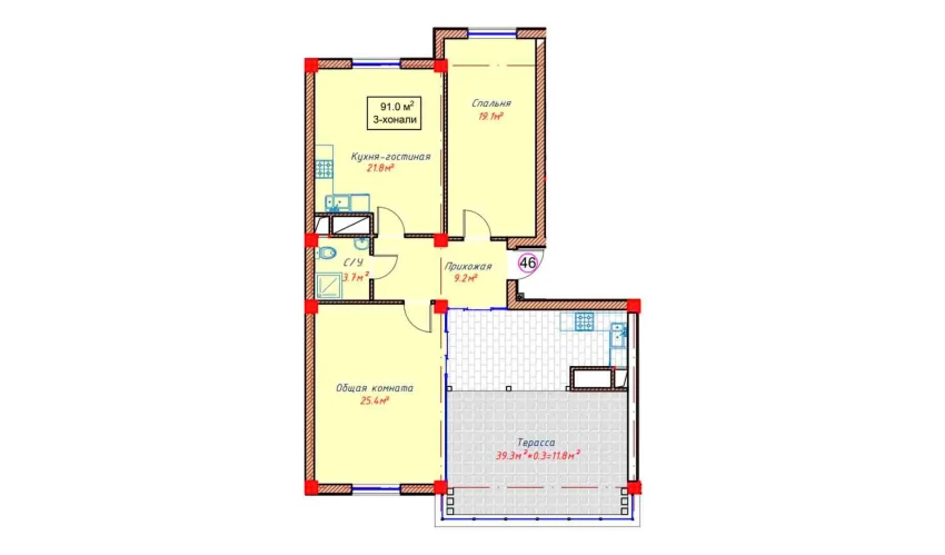 2-xonali xonadon 91 m²  10/10 qavat | Orzular Turar-joy majmuasi