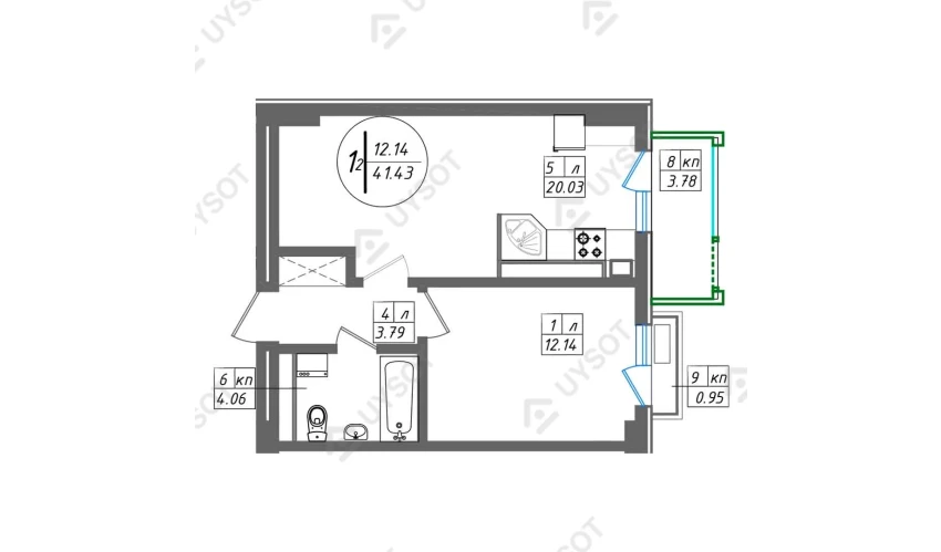 1-комнатная квартира 41.43 м²  2/13 этаж | Жилой комплекс SUN