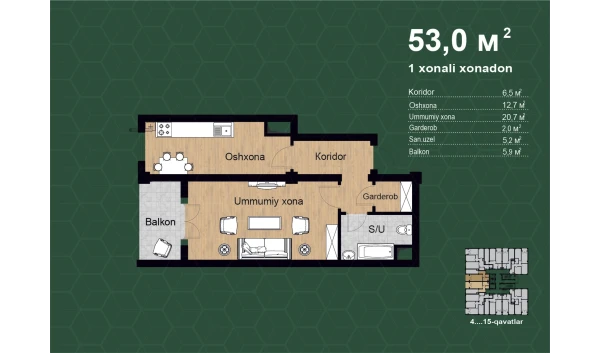 1-комнатная квартира 75.8 м²  3/16 этаж | Жилой комплекс Musaffo